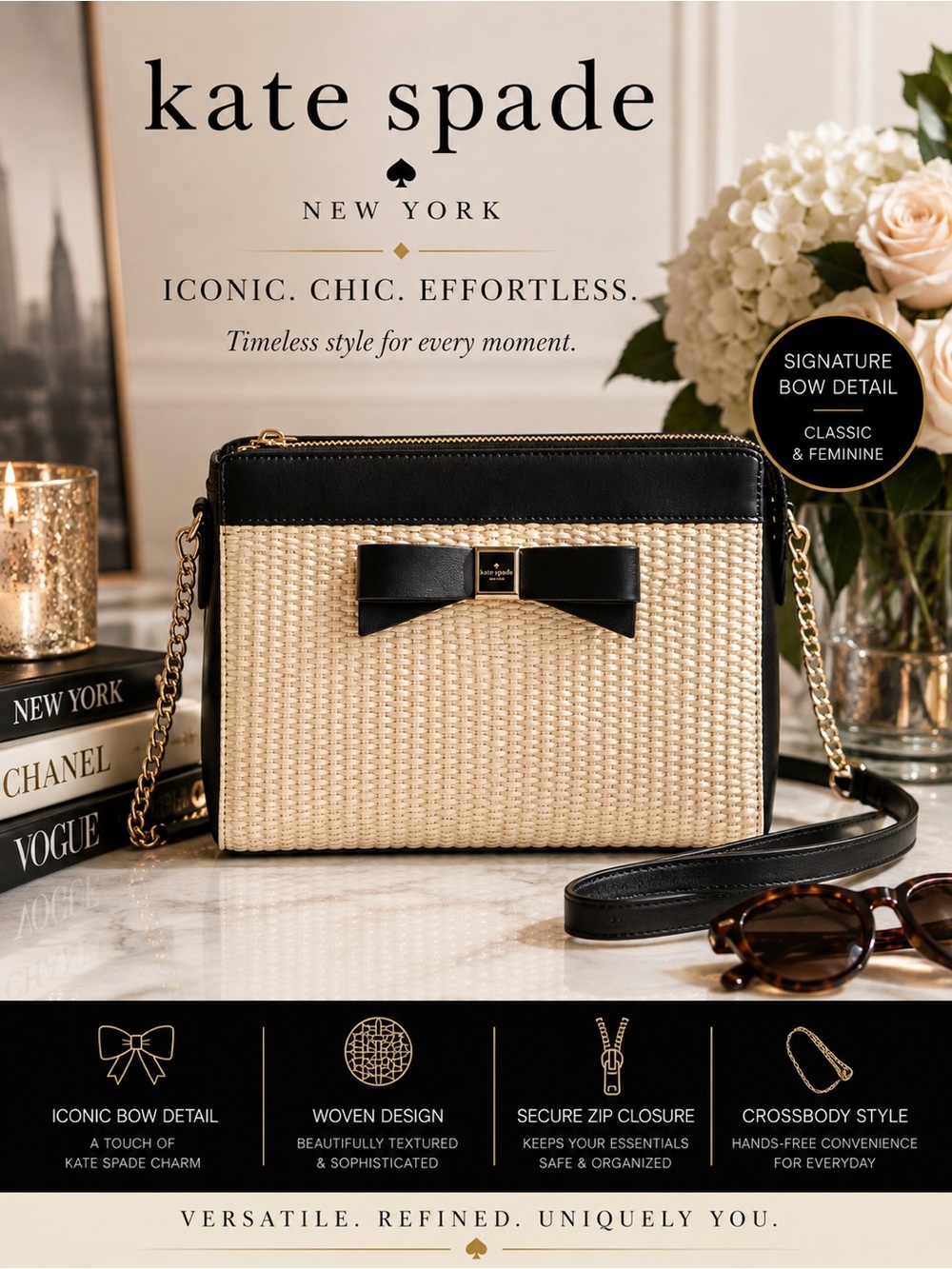 Kate Spade Montford Park Woven Black & Cream Crossbody With Iconic Bow.